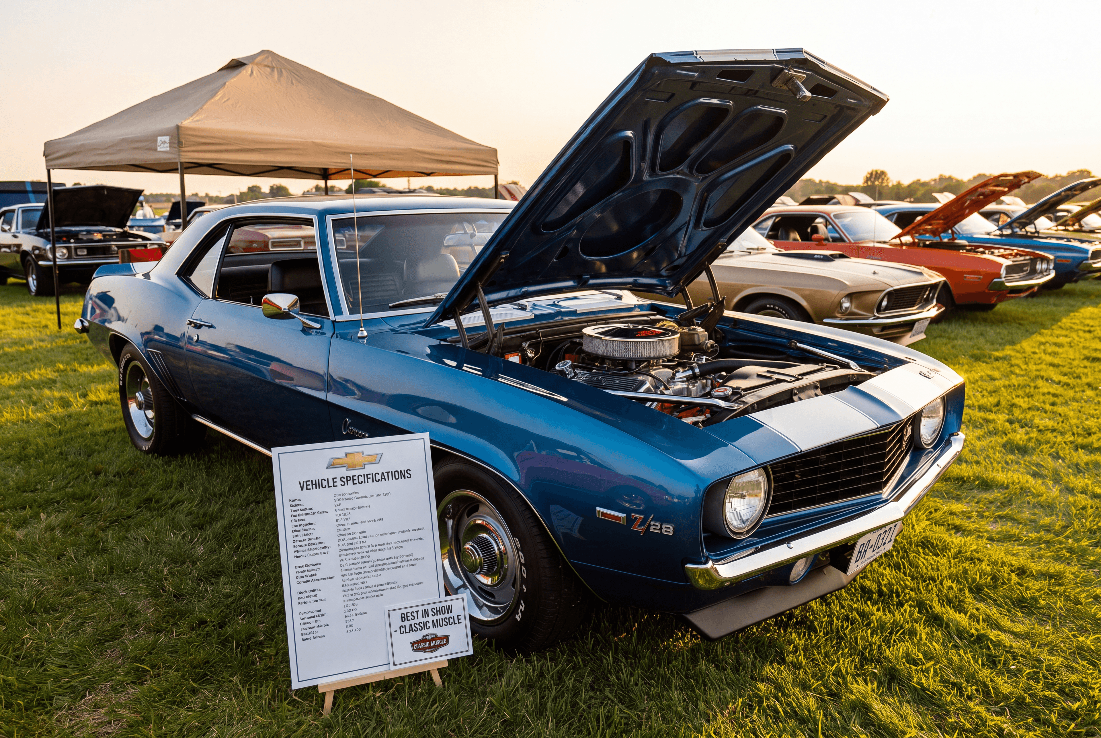 A classic muscle car staged at an outdoor car show with hood up and a spec display board, no people visible