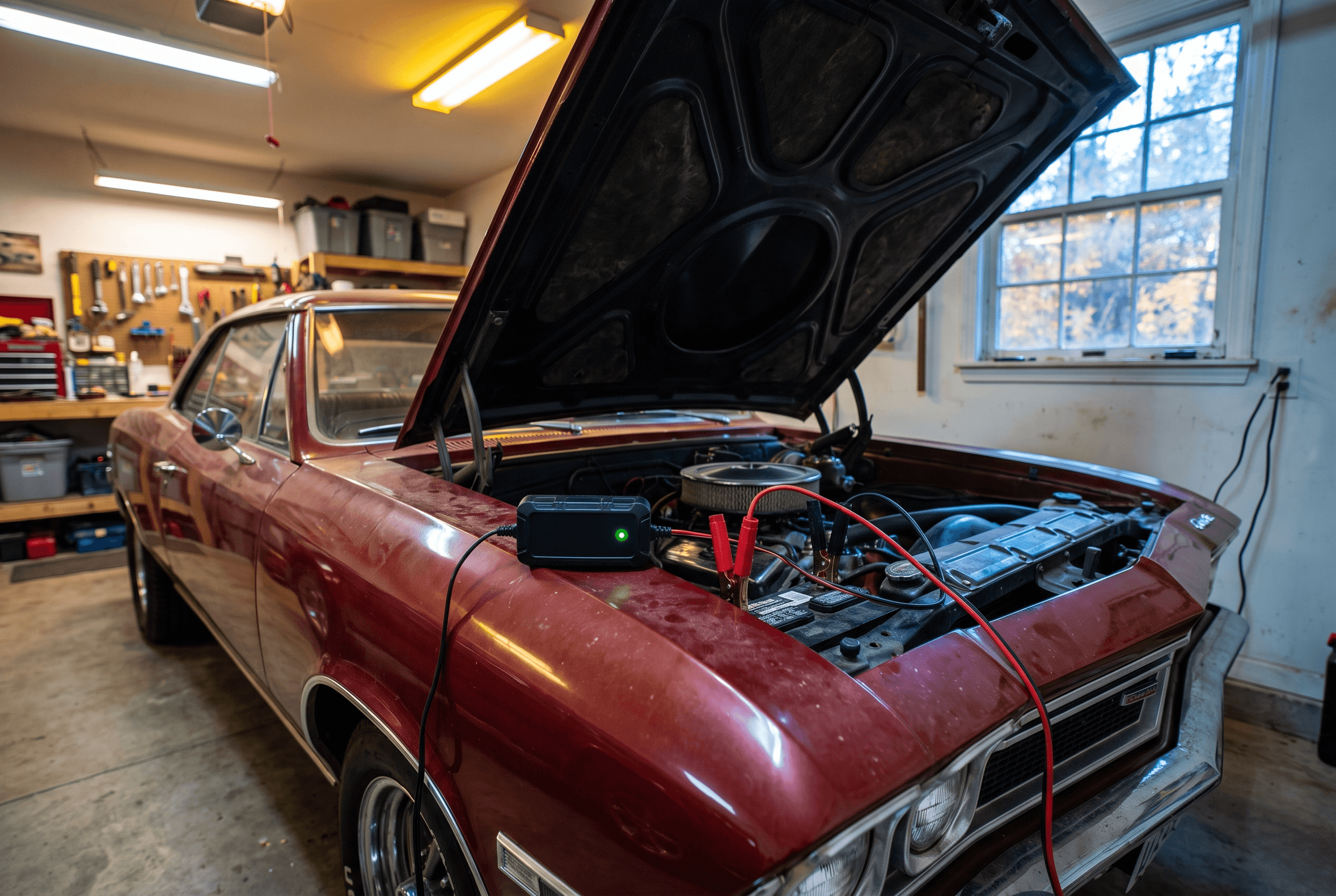 A battery maintainer connected to the battery of a classic car in a quiet home garage