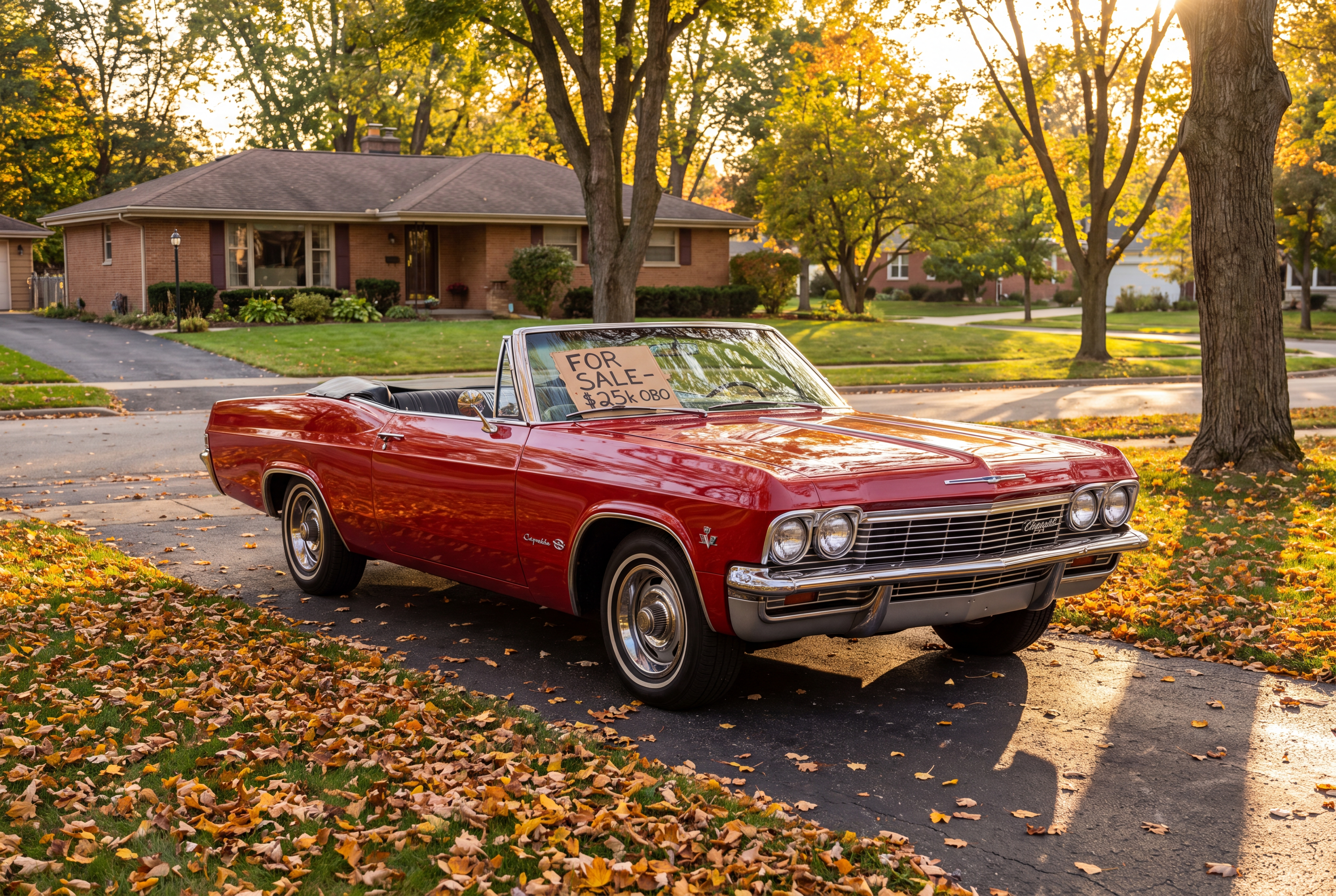 A classic car with a for sale sign parked on a driveway in autumn