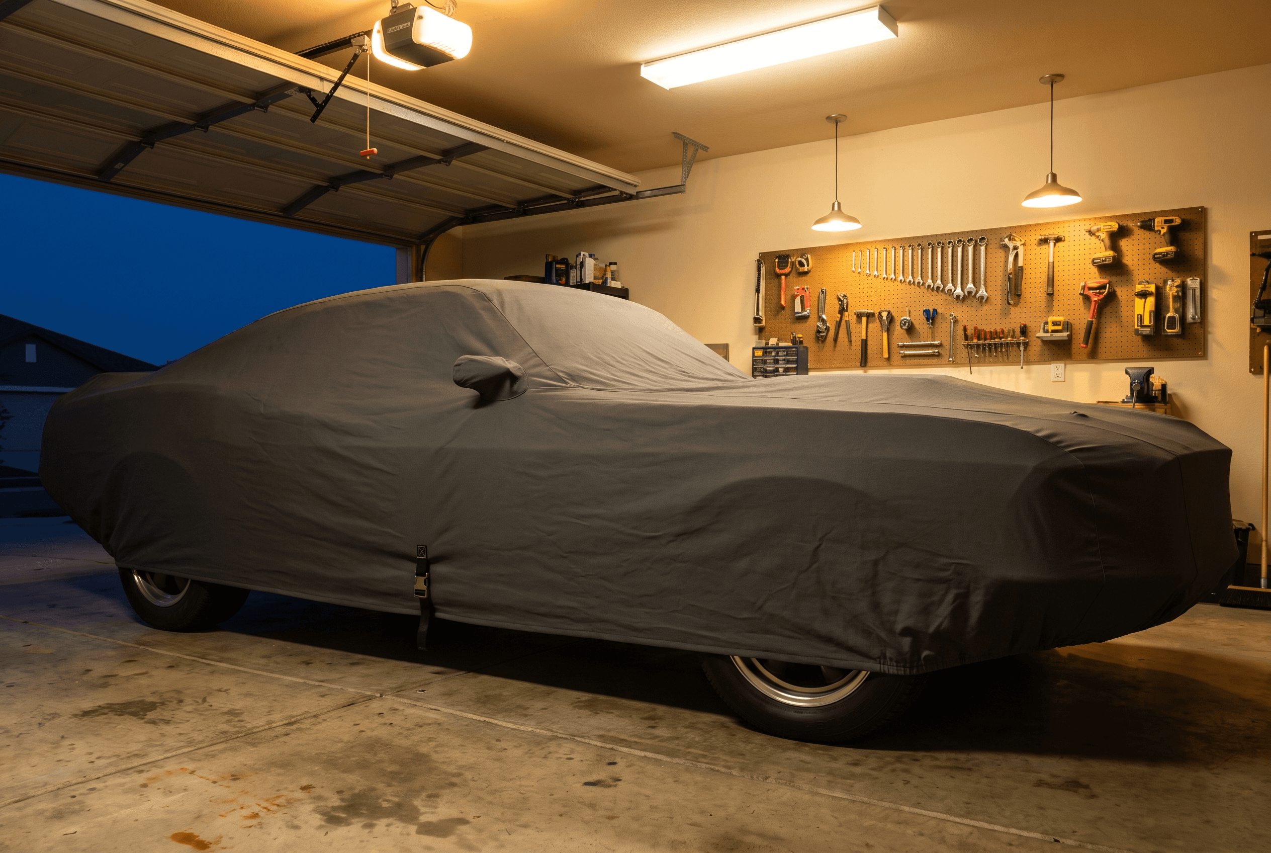 A classic car under a fitted car cover in a clean garage, late afternoon light through the door
