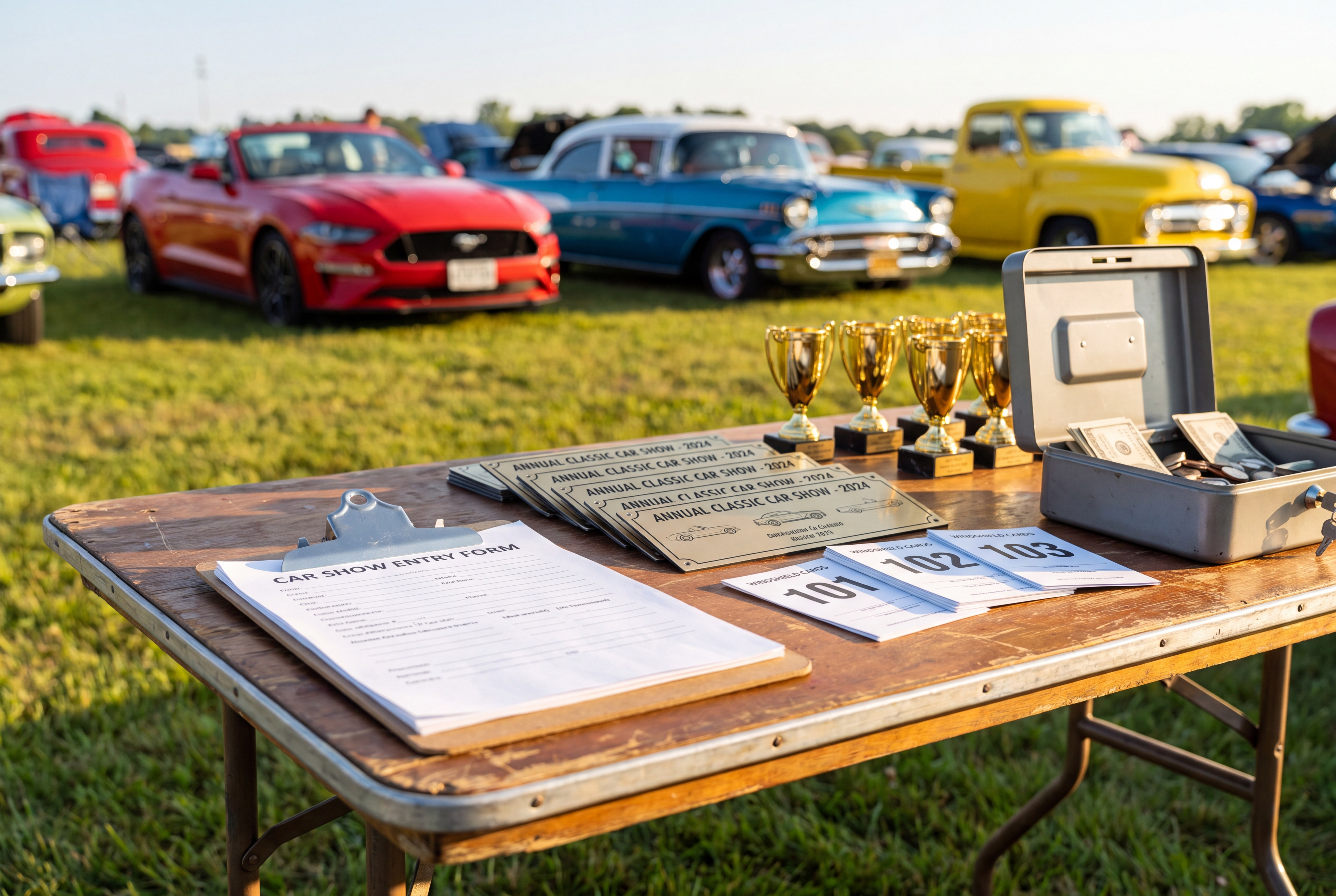 A car show registration table with entry forms, dash plaques, and trophies
