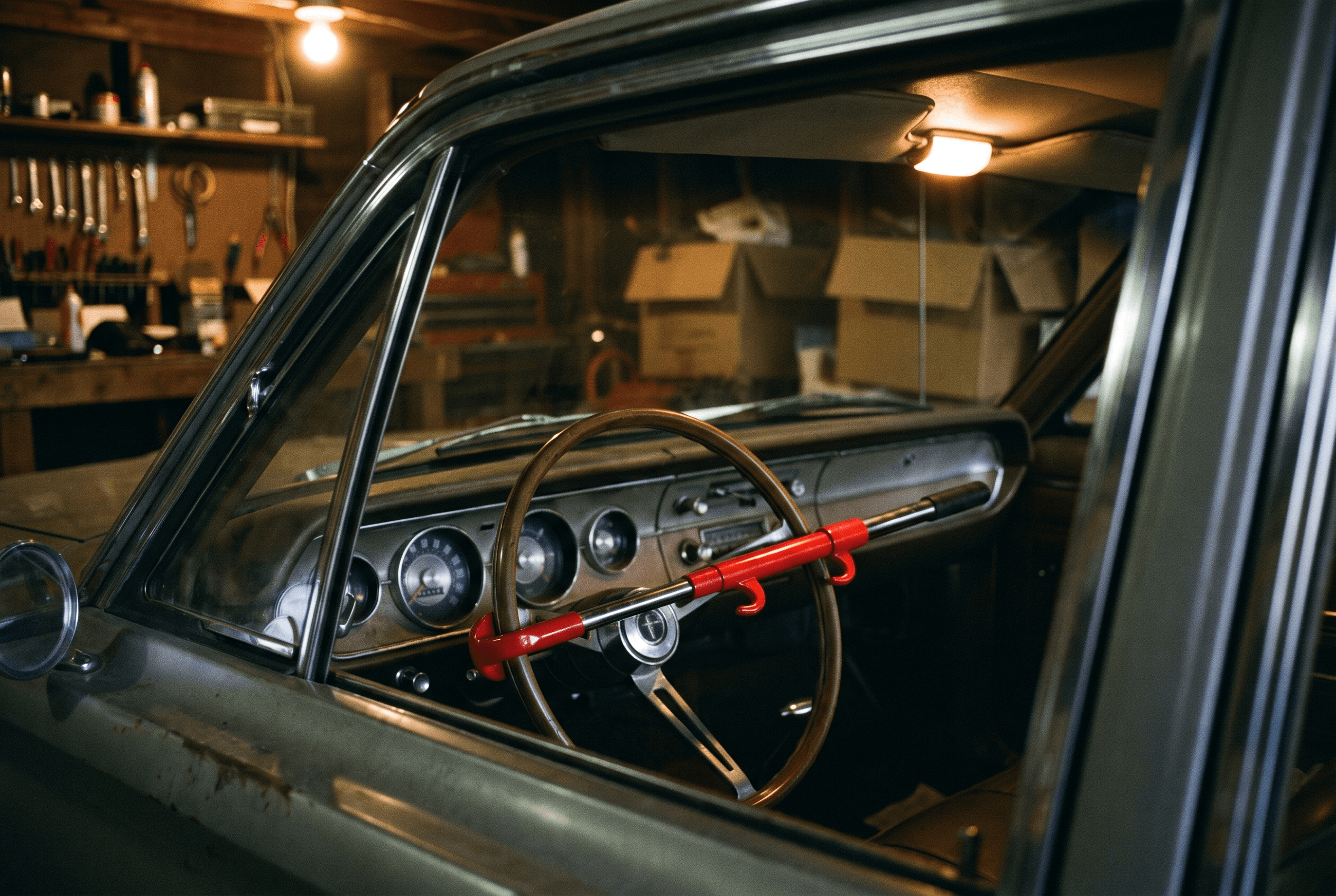 A red steering wheel lock fitted across the steering wheel of a classic car parked in a home garage workshop