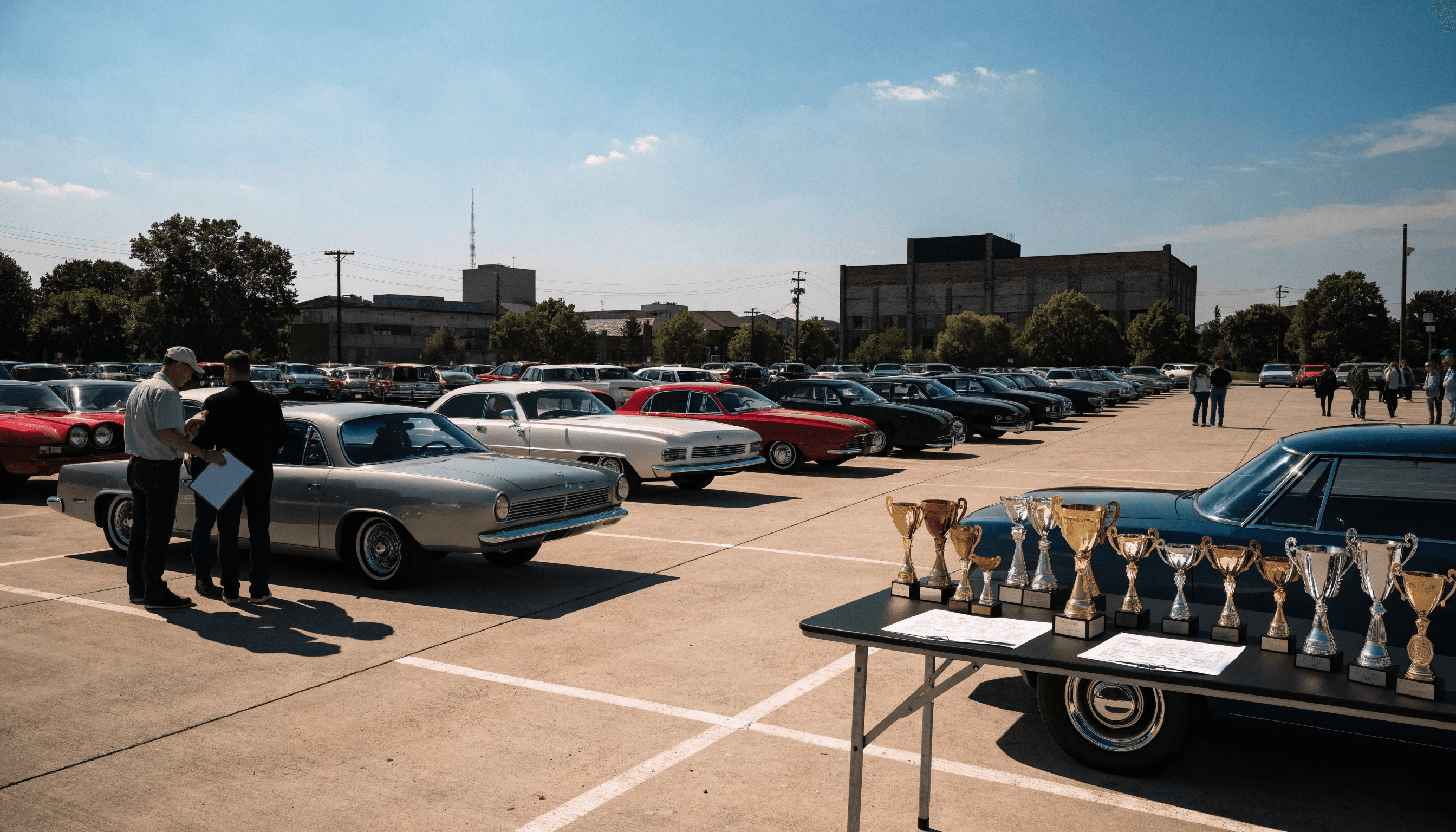 A judged car show with cars parked in neat rows and judges inspecting a vehicle