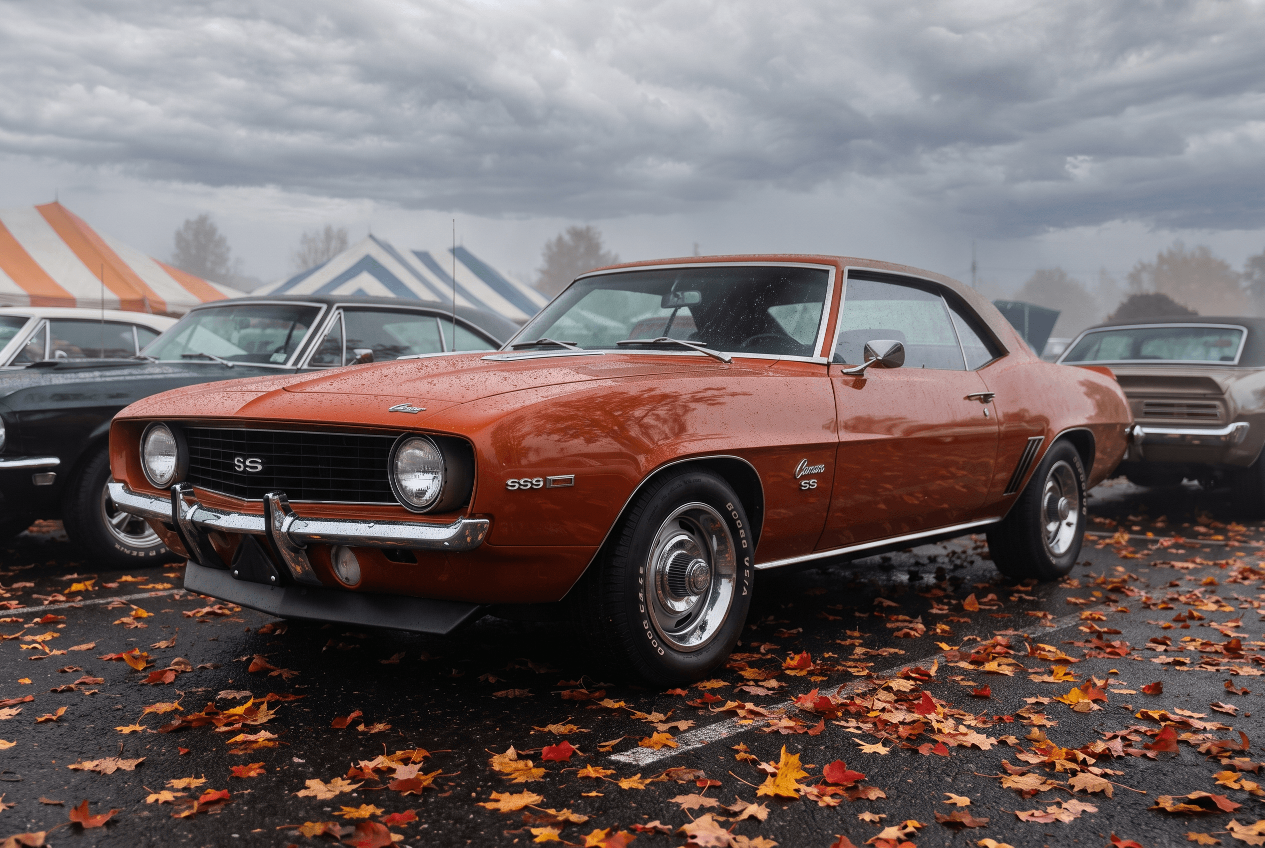 A classic car parked outdoors at a car show surrounded by fallen autumn leaves under a cool overcast sky