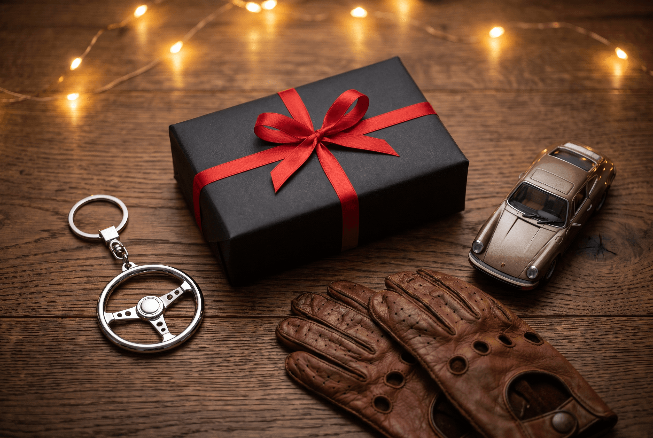 A black gift box with a red ribbon on a wooden table beside leather driving gloves, a steering-wheel keychain and a die-cast classic sports car, lit by warm string lights