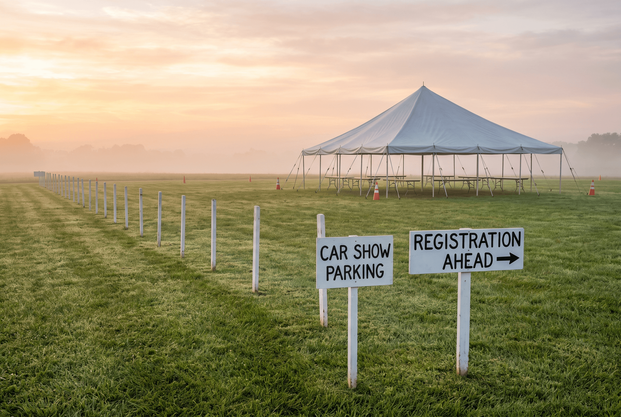 Rows of classic cars parked across a show field on a clear morning, with awards staging and vendor tents at the far end