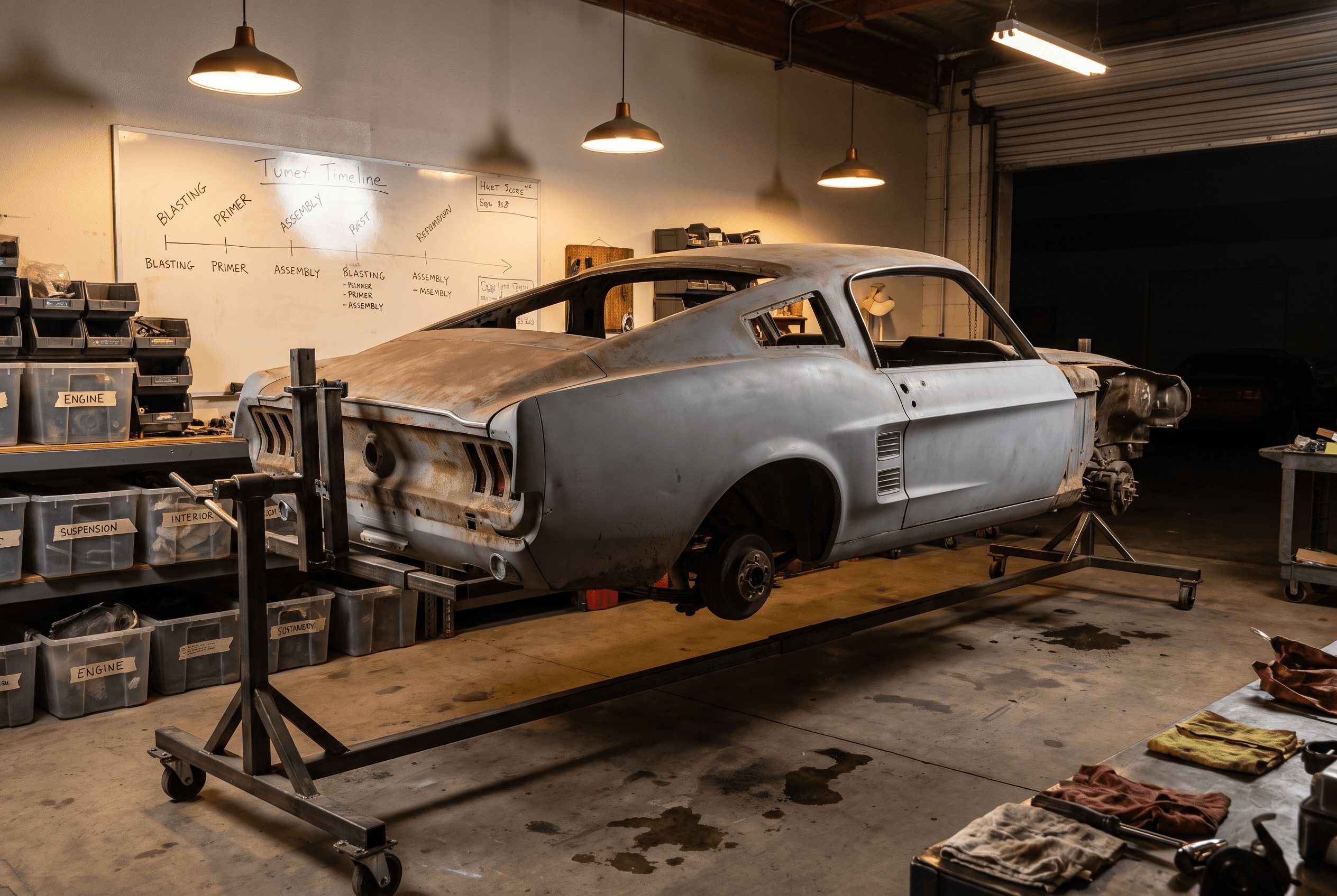 A classic car body shell stripped to bare metal on a rotisserie in a restoration shop, surrounded by labeled parts shelving, no people