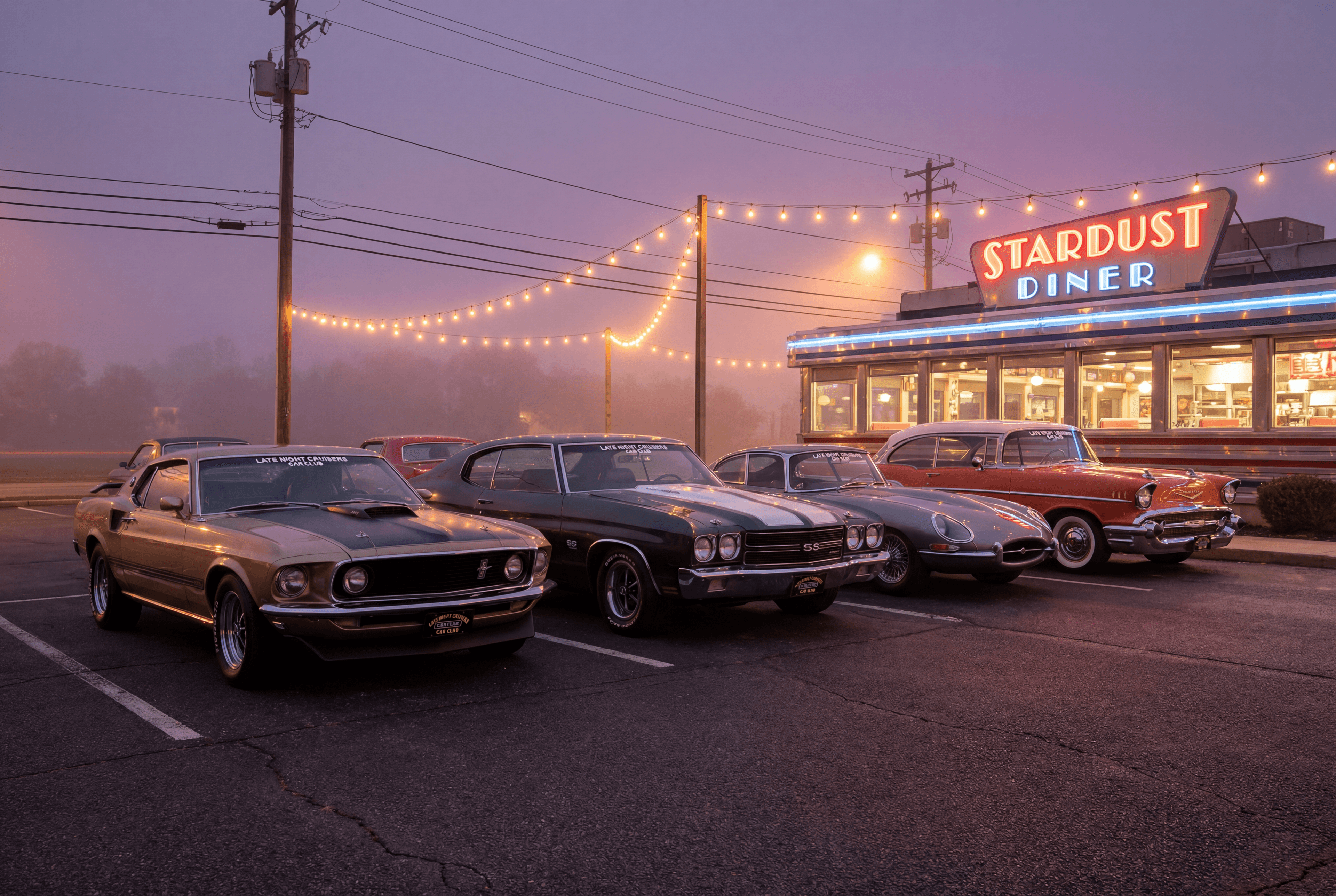 A row of classic cars parked together at an evening car club meetup