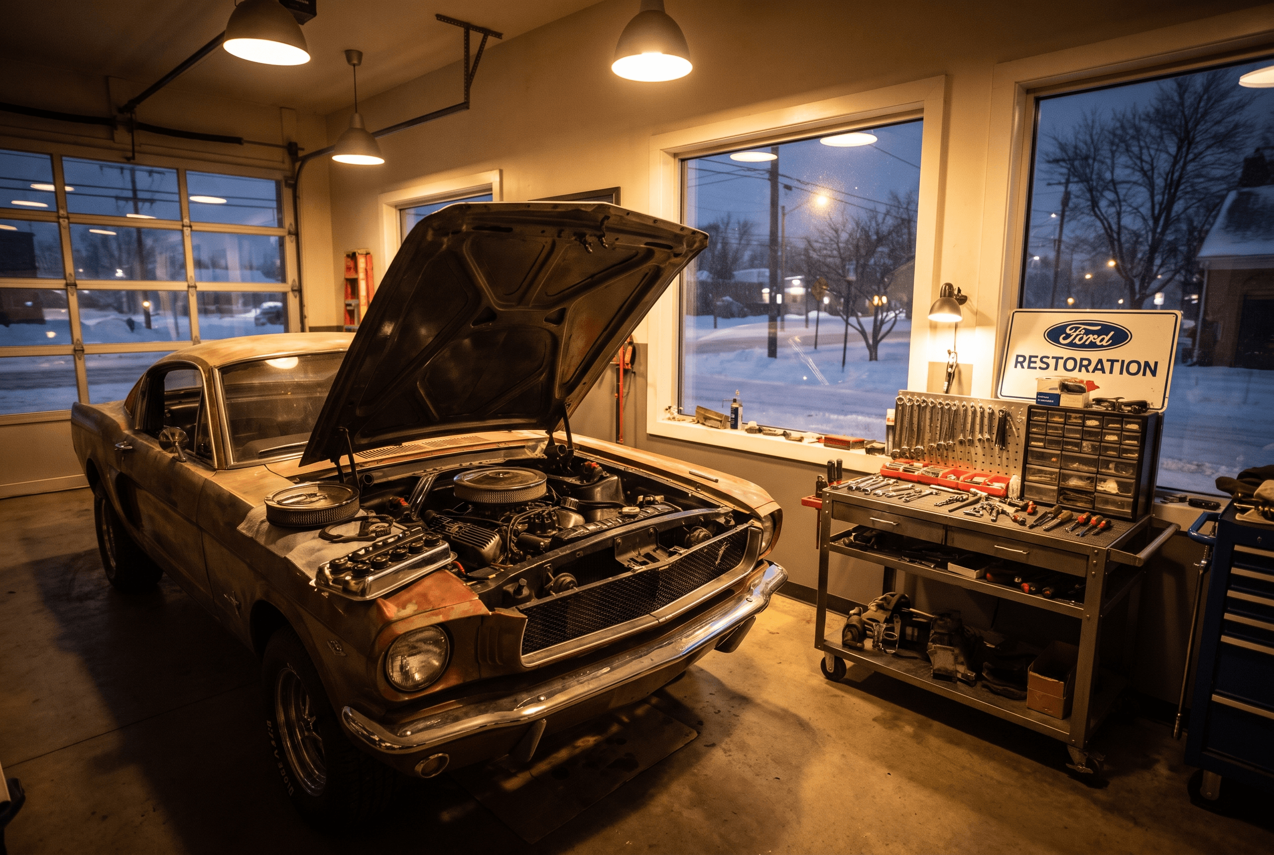 A classic car's dashboard and engine bay illuminated by shop work lights during a winter garage project, no people