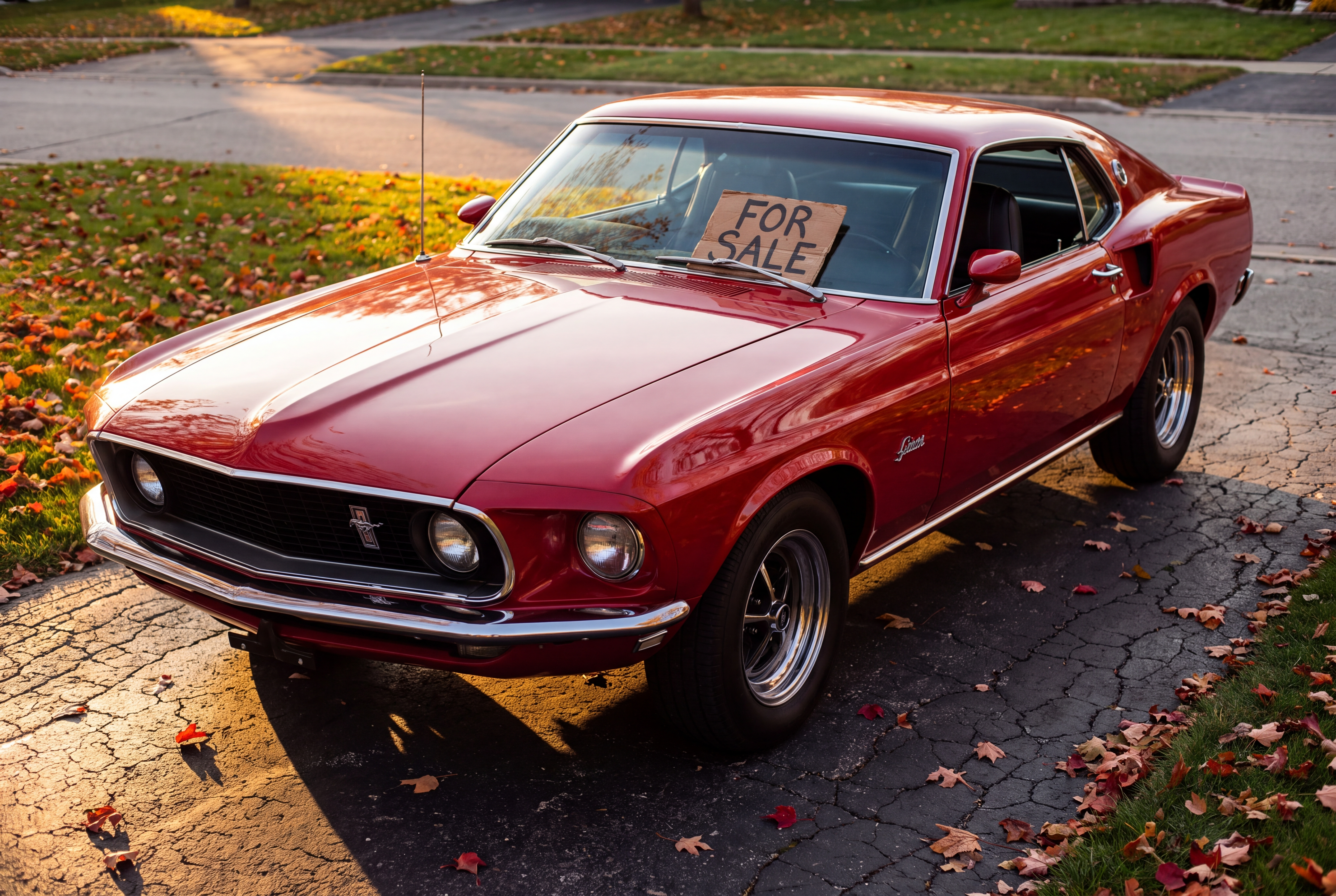 A classic car parked in a driveway in warm late-summer evening light, ready for sale