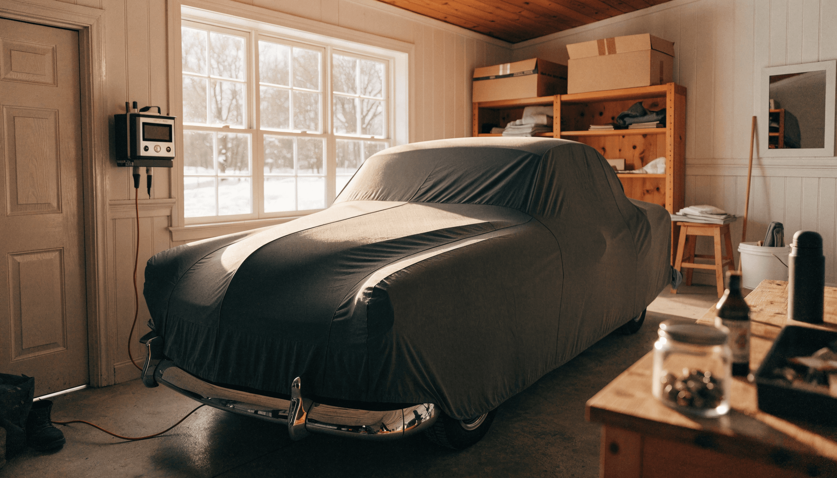 A classic car covered with a fitted car cover in a home garage