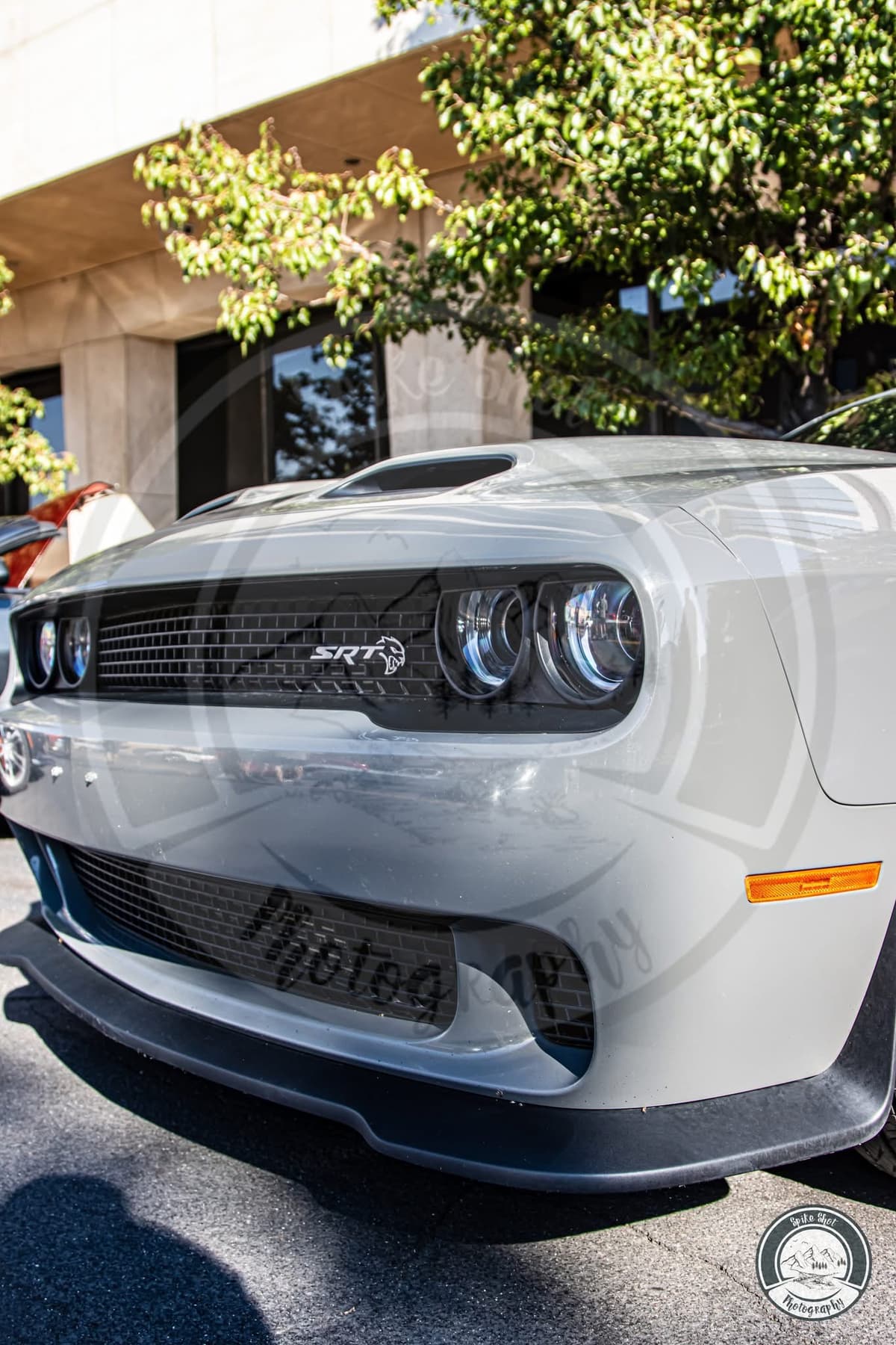 Front end of the Destroyer Grey Challenger Hellcat Redeye with SRT grille badge