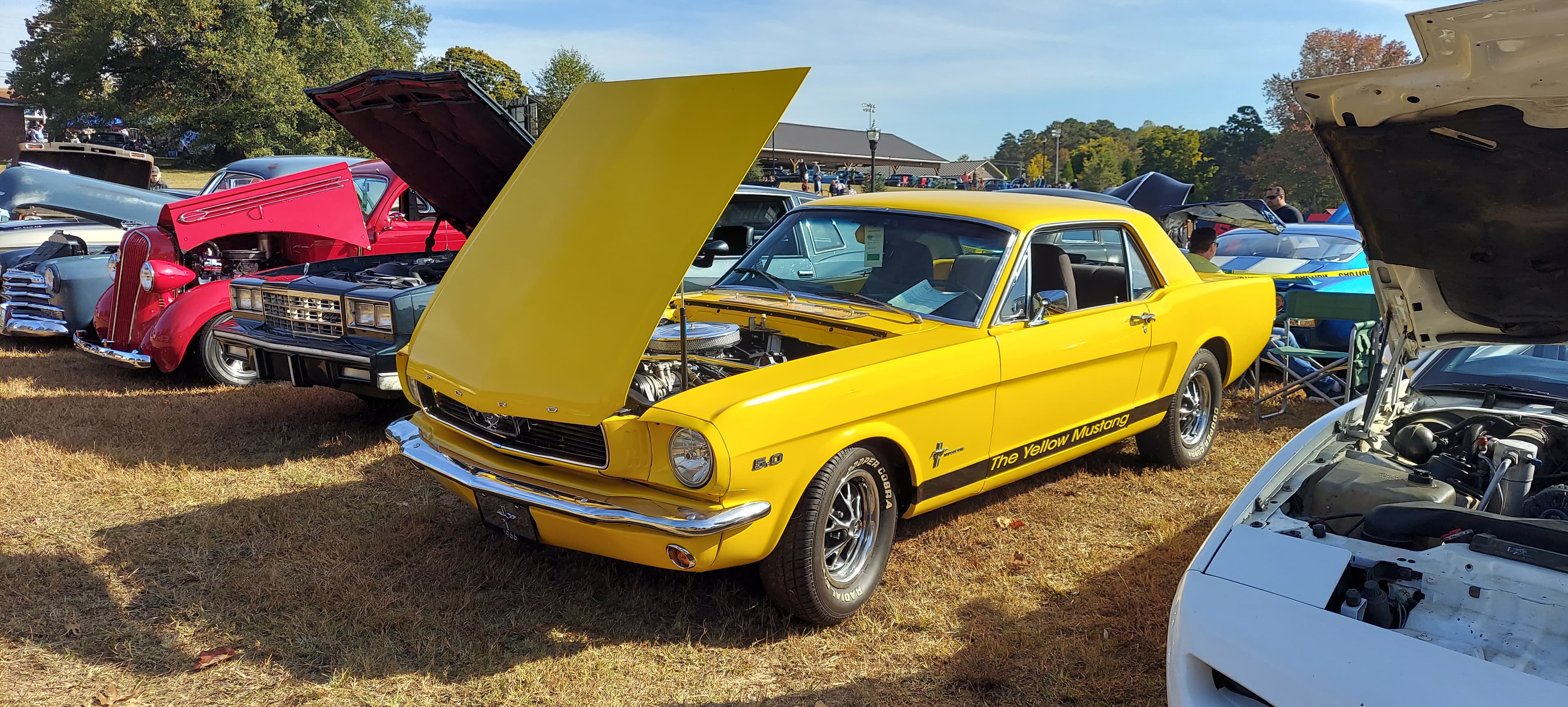 Roger Palmer's yellow 1966 Ford Mustang "The Yellow Mustang" with its reversed hood scoop and painted graphics
