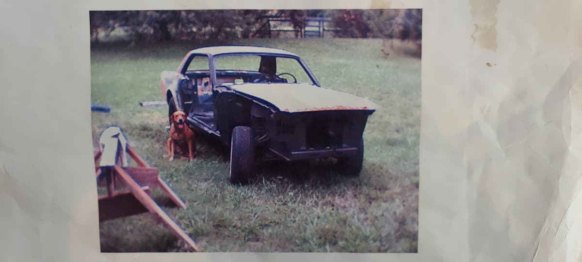 Old snapshot of the stripped 1966 Mustang body sitting in a grassy field before the rebuild