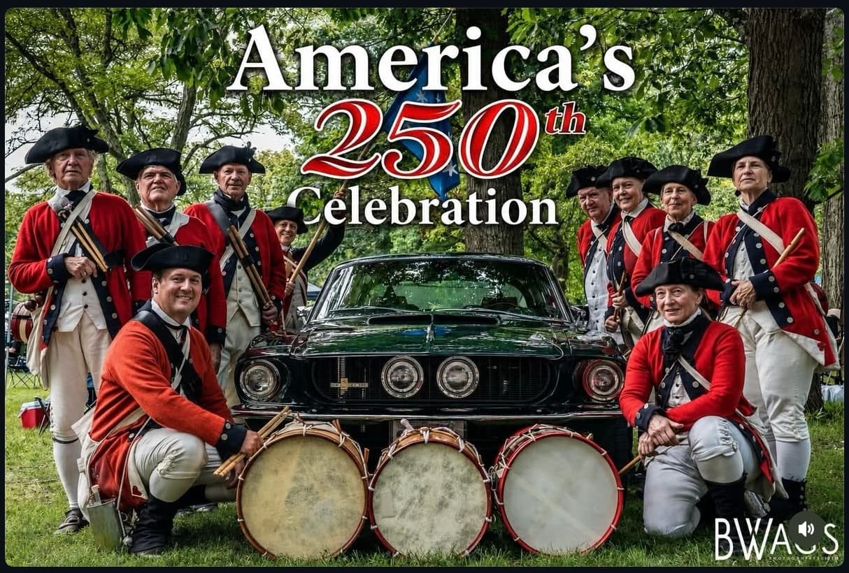 Jim's Dark Moss Green 1967 Shelby GT350 tribute surrounded by a Revolutionary War fife and drum corps at Washington Crossing Historic Park