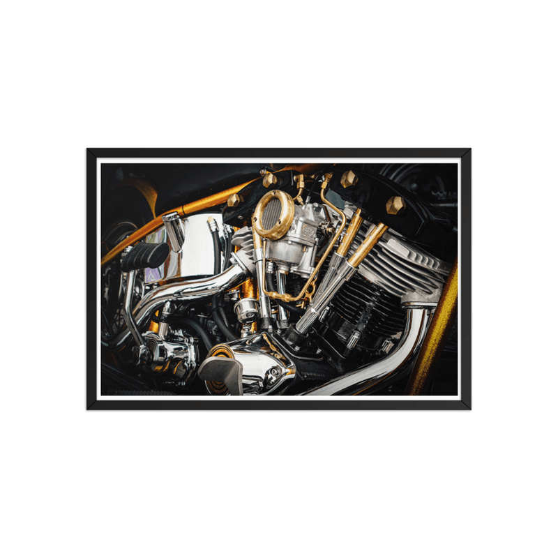 Motor Mayhem: Close-Up Custom Chrome Engine with Gold Accents
