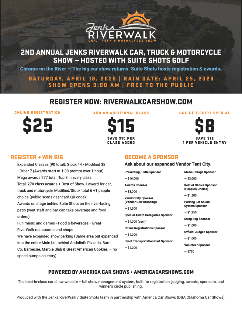 2nd Annual Jenks RiverWalk Car, Truck & Motorcycle Show